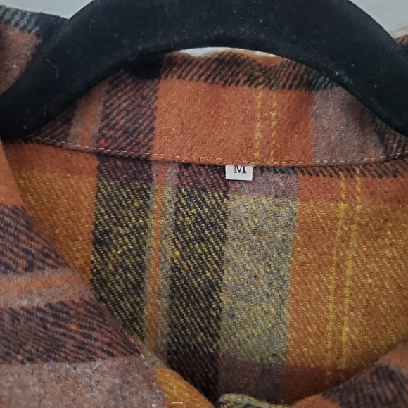 Flannel Shacket Long Plaid Oversized Brown Western Chore Cozy Medium - Picture 3 of 8